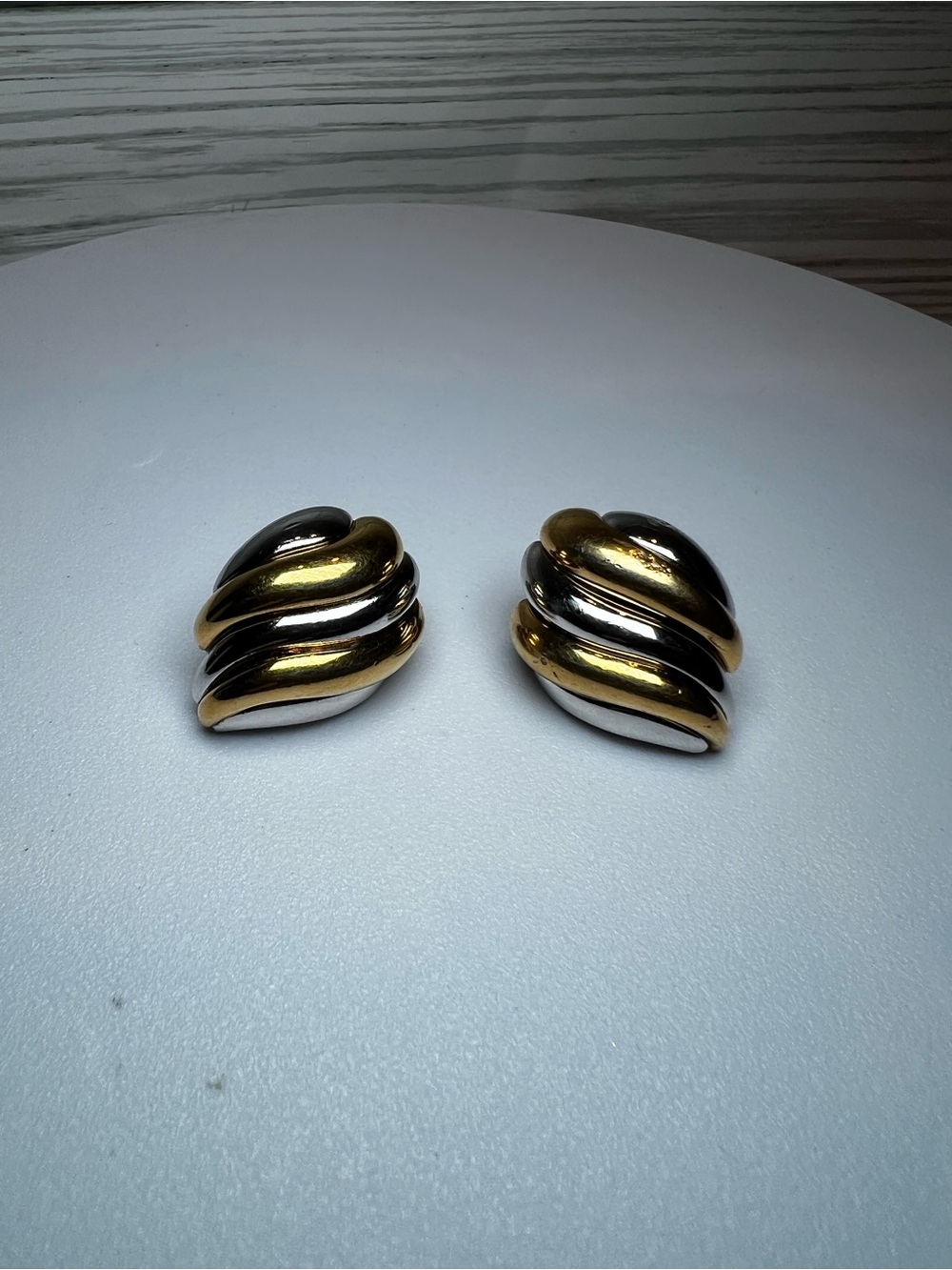 vintage Monet mixed-metal ribbed swirl clip-on earrings two tone